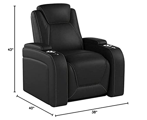 Seatcraft Equinox - Home Theater Seating - Top Grain Leather - Power Recline - Powered Headrest and Lumbar Support - Arm Storage - USB Charging - Cup Holders - Single Recliner, Black