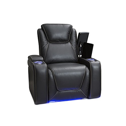 Seatcraft Equinox - Home Theater Seating - Top Grain Leather - Power Recline - Powered Headrest and Lumbar Support - Arm Storage - USB Charging - Cup Holders - Single Recliner, Black