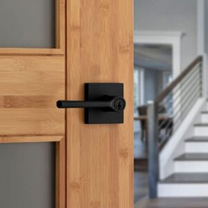 Kwikset Lisbon Keyed Entry Lever with Square Rose Featuring SmartKey Security in Matte Black