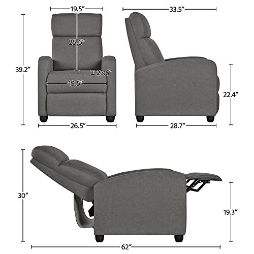 Yaheetech Fabric Recliner Chair Sofa Ergonomic Adjustable Single Sofa with Thicker Seat Cushion Modern Home Theater Seating for Living Room Matte Grey