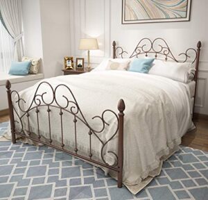 nachtimoor queen platform metal bed frame with headboard and footboard,vintage victorian style mattress foundation, no box spring required, under bed storage, antique bronze brown.
