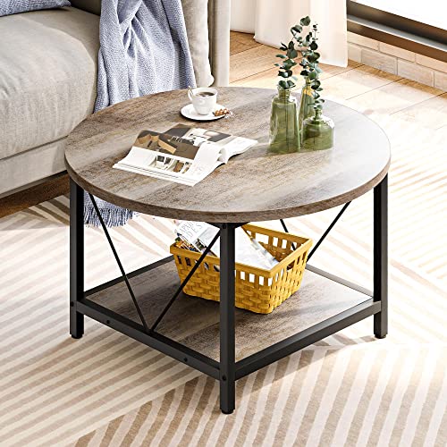 YITAHOME Round Coffee Table,Rustic Wood Coffee Tables for Living Room with Storage Shelf, Modern Farmhouse Circle Coffee Table Center Sofa Table with Sturdy Metal Legs Home Furniture, Grey Wash