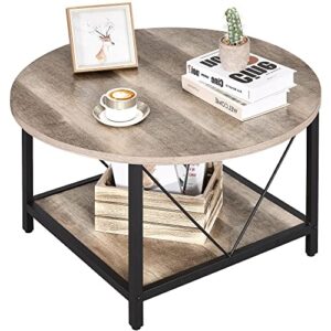 YITAHOME Round Coffee Table,Rustic Wood Coffee Tables for Living Room with Storage Shelf, Modern Farmhouse Circle Coffee Table Center Sofa Table with Sturdy Metal Legs Home Furniture, Grey Wash