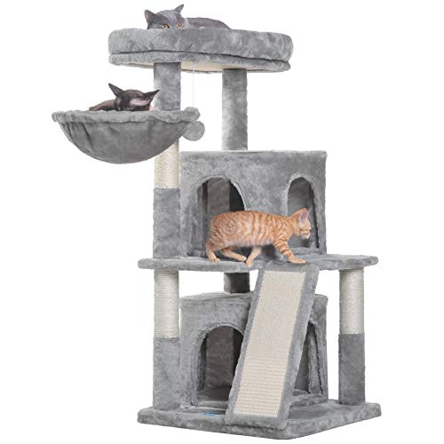 Hey-bro 41.34 inches Cat Tree with Scratching Board, 2 Luxury Condos, Cat Tower with Padded Plush Perch and Cozy Basket, Light Gray MPJ004W