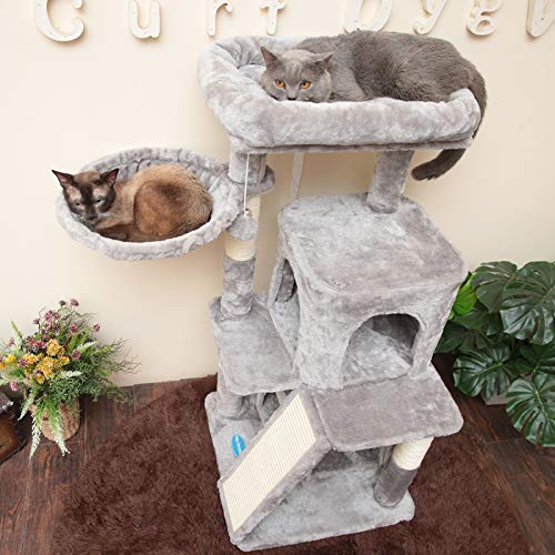 Hey-bro 41.34 inches Cat Tree with Scratching Board, 2 Luxury Condos, Cat Tower with Padded Plush Perch and Cozy Basket, Light Gray MPJ004W