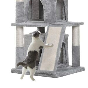 Hey-bro 41.34 inches Cat Tree with Scratching Board, 2 Luxury Condos, Cat Tower with Padded Plush Perch and Cozy Basket, Light Gray MPJ004W