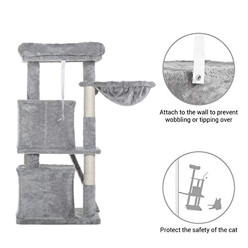 Hey-bro 41.34 inches Cat Tree with Scratching Board, 2 Luxury Condos, Cat Tower with Padded Plush Perch and Cozy Basket, Light Gray MPJ004W