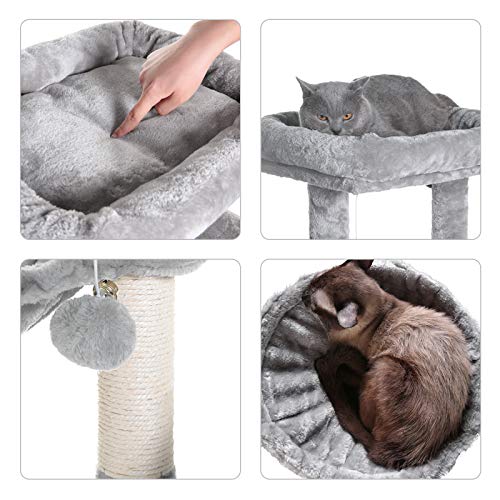 Hey-bro 41.34 inches Cat Tree with Scratching Board, 2 Luxury Condos, Cat Tower with Padded Plush Perch and Cozy Basket, Light Gray MPJ004W