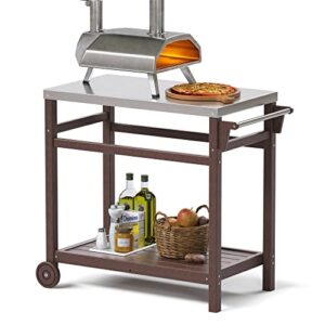 torva outdoor prep cart,portable dining table for pizza oven, double-shelf patio grilling backyard bbq grill cart(brown color)