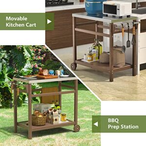 TORVA Outdoor Prep Cart,Portable Dining Table for Pizza Oven, Double-Shelf Patio Grilling Backyard BBQ Grill Cart(Brown Color)