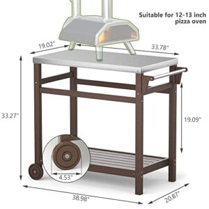 TORVA Outdoor Prep Cart,Portable Dining Table for Pizza Oven, Double-Shelf Patio Grilling Backyard BBQ Grill Cart(Brown Color)