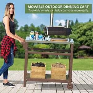 TORVA Outdoor Prep Cart,Portable Dining Table for Pizza Oven, Double-Shelf Patio Grilling Backyard BBQ Grill Cart(Brown Color)