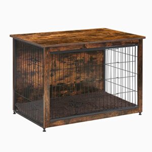 dwanton dog crate furniture with cushion, wooden dog crate table, double-doors dog furniture, indoor dog kennel, dog house, dog cage medium, 32.5″ l