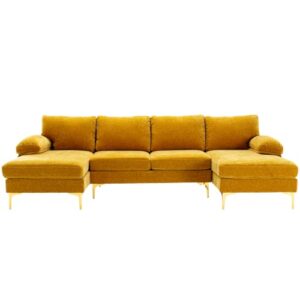 olela u shape sectional sofa,modern large chenille fabric modular couch,extra wide sofa with chaise lounge and golden legs for living room (musterd)