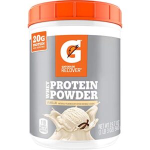 gatorade whey protein powder, 20 servings per canister, 20 g of protein per serving, vanilla, 19.7 oz