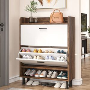 tribesigns shoe cabinet, 2-tier shoe storage cabinet with flip doors, vintage entryway shoe organizer rack with open shelves for narrow closet, entryway, living room, brown