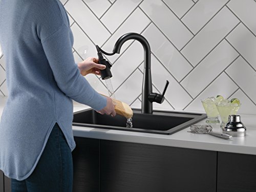 Delta Faucet Essa Matte Black Bar Faucet with Pull Down Sprayer, Black Bar Sink Faucet Single Hole, Wet Bar Faucets Single Hole, Prep Sink Faucet, Black Kitchen Faucet, Matte Black 9913-BL-DST