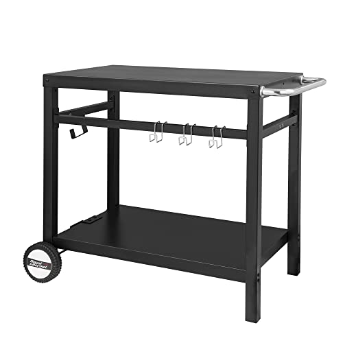 Royal Gourmet Dining Cart Table with Double-Shelf, Movable Steel Flattop Worktable, Hooks, Side Handle, Multifunctional and Commercial PC3401B (Black)