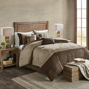 madison park boone cozy comforter set, faux suede, deluxe hotel styling all season down alternative bedding matching shams, decorative pillow, king (104 in x 92 in), rustic brown 7 piece