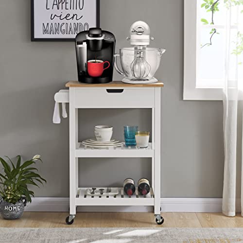 conifferism White Multipurpose Utility Cart,Butcher Block Kitchen Island on Wheels with Drawer, Farmhouse Islands with Storage Shelf for Small Places