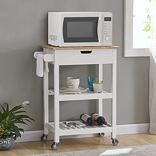 conifferism White Multipurpose Utility Cart,Butcher Block Kitchen Island on Wheels with Drawer, Farmhouse Islands with Storage Shelf for Small Places