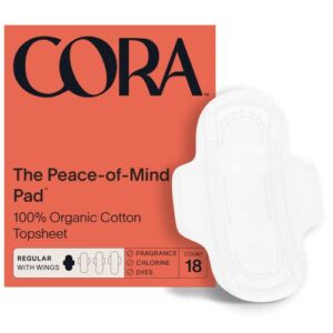 cora organic pads | ultra thin period pads with wings | regular absorbency | ultra-absorbent sanitary pads for women | 100% organic cotton topsheet (18 count)