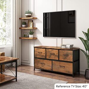 WLIVE Dresser for Bedroom with 5 Drawers, Wide Chest of Drawers, Fabric Dresser, Storage Organizer Unit with Fabric Bins for Closet, Living Room, Hallway, Nursery, Rustic Brown Wood Grain Print