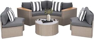 solaura 5-piece patio sectional furniture set half-moon patio set grey wicker curved outdoor sofa with grey cushions & round glass coffee table (pillow included)