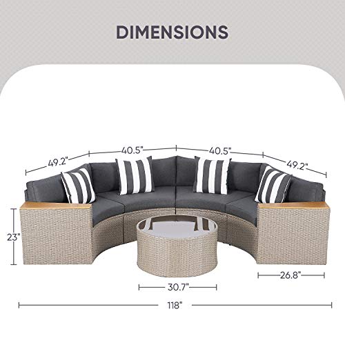 SOLAURA 5-Piece Patio Sectional Furniture Set Half-Moon Patio Set Grey Wicker Curved Outdoor Sofa with Grey Cushions & Round Glass Coffee Table (Pillow Included)