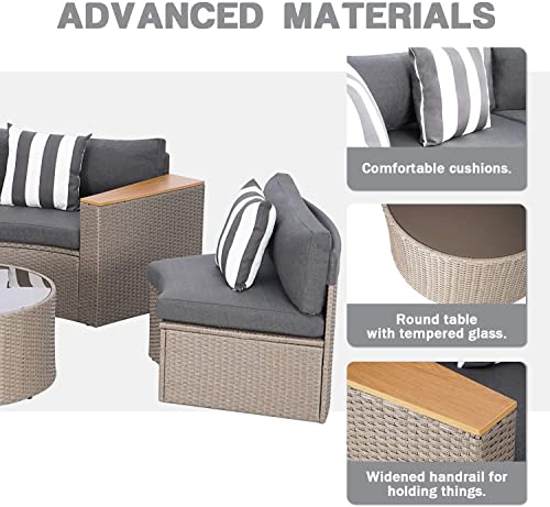 SOLAURA 5-Piece Patio Sectional Furniture Set Half-Moon Patio Set Grey Wicker Curved Outdoor Sofa with Grey Cushions & Round Glass Coffee Table (Pillow Included)
