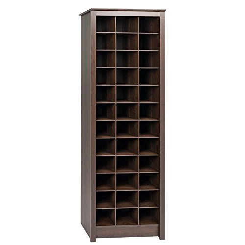 Prepac Space-Saving 36 Pair Shoe Storage Cabinet With Cubbies, 13"D x 23.5"W x 72.5"H, Espresso