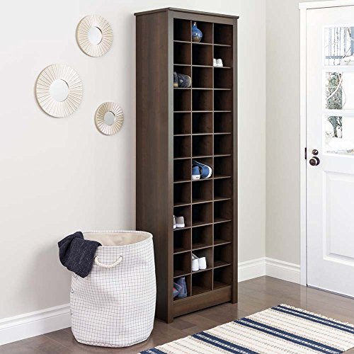 Prepac Space-Saving 36 Pair Shoe Storage Cabinet With Cubbies, 13"D x 23.5"W x 72.5"H, Espresso