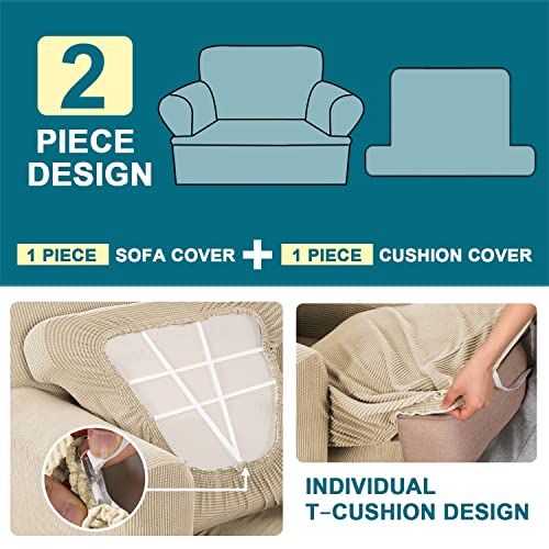 Turquoize 2 Pieces Sofa Covers T Cushion Chair Slipcover T Cushion Chair Covers Stretch Couch Cover Soft Armchair Cover Furniture Covers with Individual T Cushion Seat Covers, (Chair, Biscotti Beige)