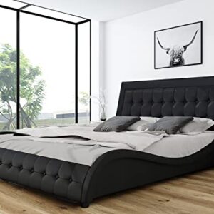 SHA CERLIN Queen Size Box-Tufted Platform Bed Frame / Faux Leather Upholstered Bed Frame with Headboard / Wood Slat Support / Wave-Like Modern Bed / Low Profile Mattress Foundation / Black