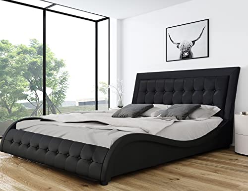 SHA CERLIN Queen Size Box-Tufted Platform Bed Frame / Faux Leather Upholstered Bed Frame with Headboard / Wood Slat Support / Wave-Like Modern Bed / Low Profile Mattress Foundation / Black