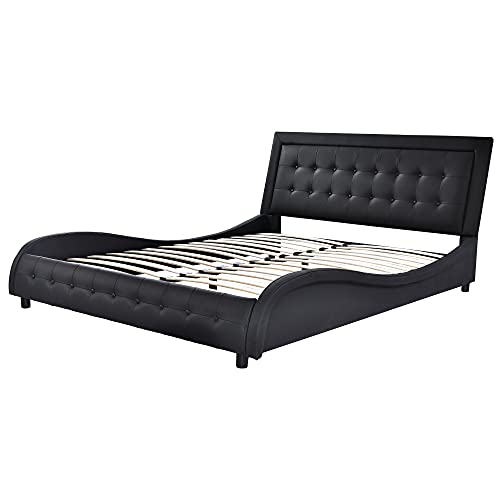 SHA CERLIN Queen Size Box-Tufted Platform Bed Frame / Faux Leather Upholstered Bed Frame with Headboard / Wood Slat Support / Wave-Like Modern Bed / Low Profile Mattress Foundation / Black