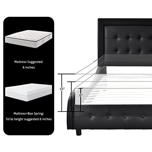 SHA CERLIN Queen Size Box-Tufted Platform Bed Frame / Faux Leather Upholstered Bed Frame with Headboard / Wood Slat Support / Wave-Like Modern Bed / Low Profile Mattress Foundation / Black