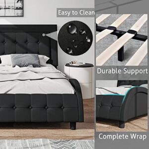 SHA CERLIN Queen Size Box-Tufted Platform Bed Frame / Faux Leather Upholstered Bed Frame with Headboard / Wood Slat Support / Wave-Like Modern Bed / Low Profile Mattress Foundation / Black