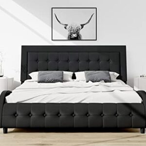 SHA CERLIN Queen Size Box-Tufted Platform Bed Frame / Faux Leather Upholstered Bed Frame with Headboard / Wood Slat Support / Wave-Like Modern Bed / Low Profile Mattress Foundation / Black