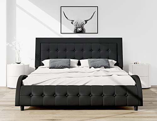 SHA CERLIN Queen Size Box-Tufted Platform Bed Frame / Faux Leather Upholstered Bed Frame with Headboard / Wood Slat Support / Wave-Like Modern Bed / Low Profile Mattress Foundation / Black