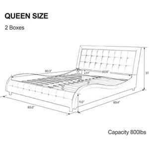 SHA CERLIN Queen Size Box-Tufted Platform Bed Frame / Faux Leather Upholstered Bed Frame with Headboard / Wood Slat Support / Wave-Like Modern Bed / Low Profile Mattress Foundation / Black