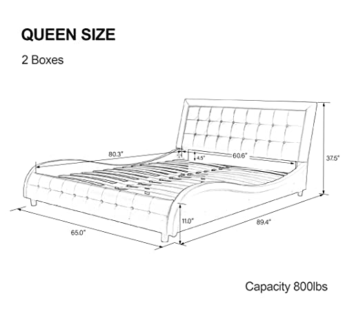 SHA CERLIN Queen Size Box-Tufted Platform Bed Frame / Faux Leather Upholstered Bed Frame with Headboard / Wood Slat Support / Wave-Like Modern Bed / Low Profile Mattress Foundation / Black