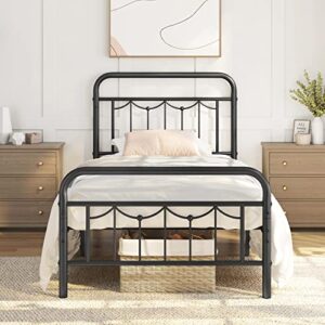 yaheetech twin size metal bed frame with vintage headboard and footboard, farmhouse metal platform bed, heavy duty steel slat support, ample under-bed storage, no noise, no box spring needed, black