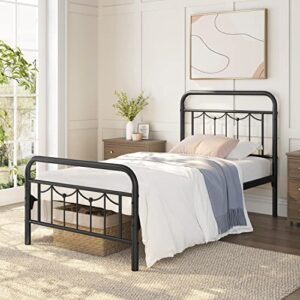 Yaheetech Twin Size Metal Bed Frame with Vintage Headboard and Footboard, Farmhouse Metal Platform Bed, Heavy Duty Steel Slat Support, Ample Under-Bed Storage, No Noise, No Box Spring Needed, Black