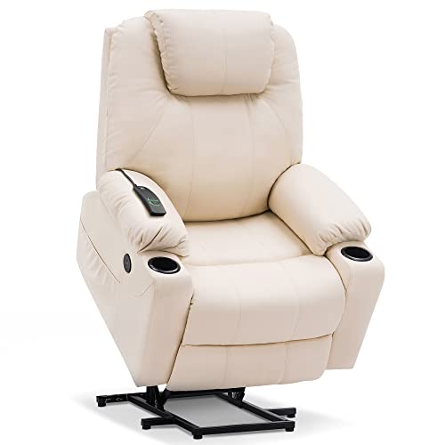 MCombo Large Power Lift Recliner Chair with Massage and Heat for Elderly Big and Tall People, 3 Positions, 2 Side Pockets, and Cup Holders, USB Ports, Faux Leather 7516 (Large, Cream White)