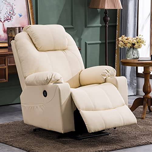 MCombo Large Power Lift Recliner Chair with Massage and Heat for Elderly Big and Tall People, 3 Positions, 2 Side Pockets, and Cup Holders, USB Ports, Faux Leather 7516 (Large, Cream White)