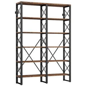 ironck bookshelf double wide 6-tier 76″ h, open large bookcase, industrial style shelves, wood and metal bookshelves for home office, easy assembly