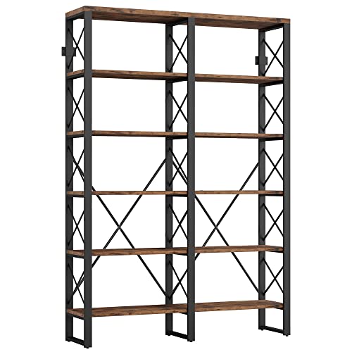 IRONCK Bookshelf Double Wide 6-Tier 76" H, Open Large Bookcase, Industrial Style Shelves, Wood and Metal Bookshelves for Home Office, Easy Assembly