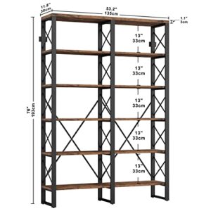 IRONCK Bookshelf Double Wide 6-Tier 76" H, Open Large Bookcase, Industrial Style Shelves, Wood and Metal Bookshelves for Home Office, Easy Assembly