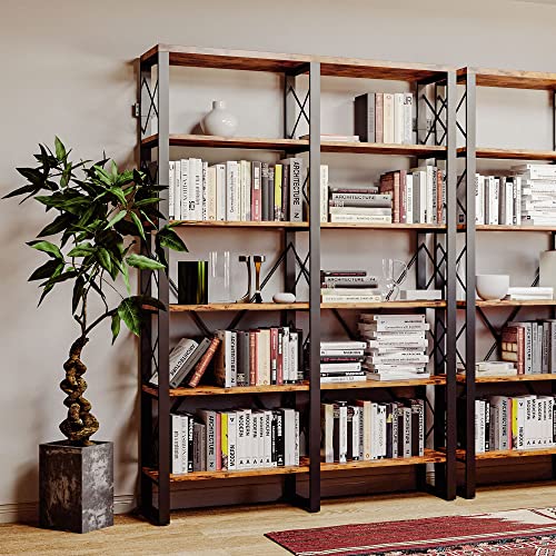 IRONCK Bookshelf Double Wide 6-Tier 76" H, Open Large Bookcase, Industrial Style Shelves, Wood and Metal Bookshelves for Home Office, Easy Assembly